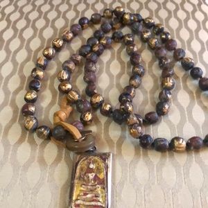 Gilded painted wooden beads w/amber &Buddha charm.